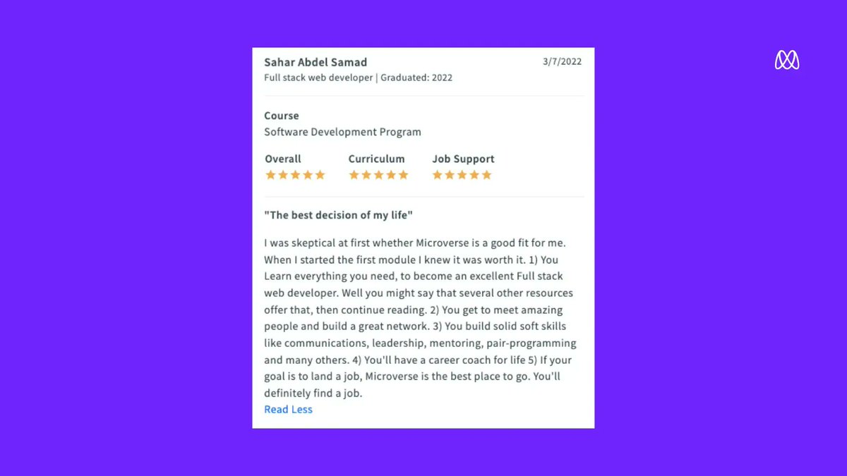 microverseinc's tweet image. &quot;The best decision of my life&quot;

We love hearing about our student&apos;s experiences at Microverse. Here&apos;s what Microverse student Sahar had to say about the program.🙌

#learnwithmicroverse #remotelearning