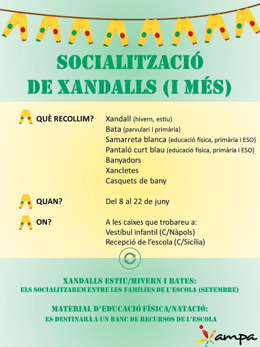 Benvolgudes famílies, Des de l’AMPA del Col·legi Claret i la Comissió Escola amb Cor tornem a engegar la Socialització de xandalls i roba per a educació física (samarreta blanca i pantaló curt blau), així com per piscina:banyador, xancletes, casquets. Gràcies <a href="/claretbarcelona/">Escola Claret Barcelona</a>