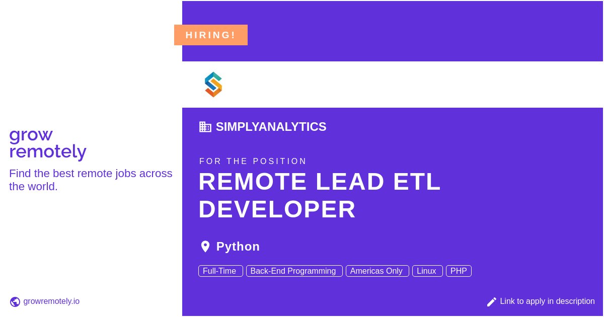 growremotelyio's tweet photo. Check out this job at SimplyAnalytics for the position Remote Lead ETL Developer.
Apply link: https://t.co/ZltBAFsmL6
#hiring #remotejobs #SimplyAnalytics #Programming https://t.co/A6QN4TWj38