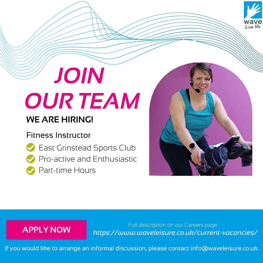 We are Hiring!

We are looking for a fantastic new Fitness Instructor to join our team at East Grinstead Sports Club. 

If you or someone you know may be interested, please see the details on our website: waveleisure.co.uk/current-vacanc…