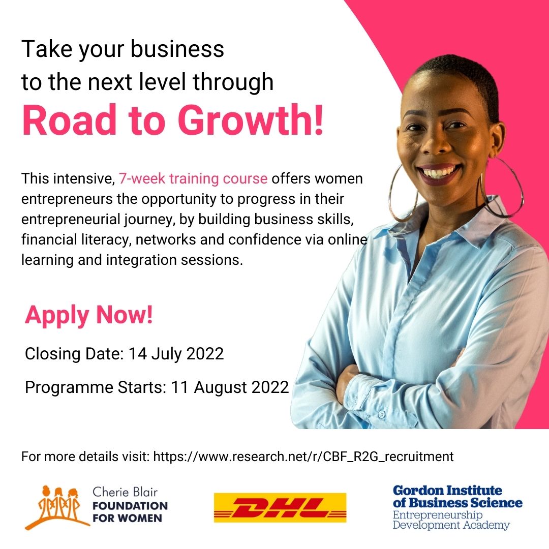 GIBSAcademy's tweet photo. Amplify your business on its journey to success by applying for the @CherieBlairFndn's Road to Growth programme!

We're recruiting 50 South African women entrepreneurs for the seven-week investment-readiness programme!

More: https://t.co/g8wgCa73S8

#RoadToGrowthSouthAfrica https://t.co/265Kvyuwtl