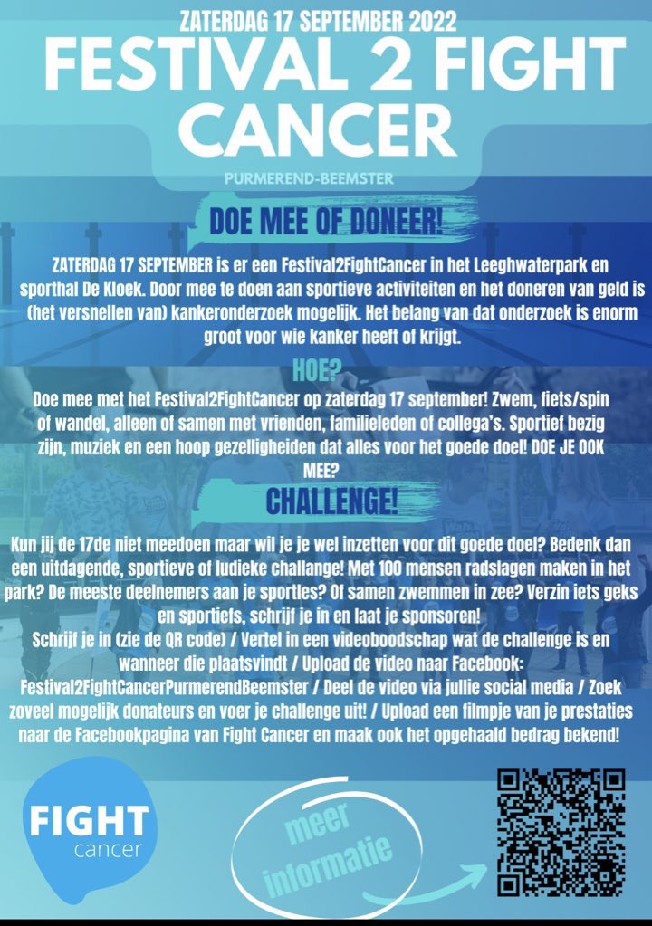 Wie ken jij met kanker? Help mee om geld op te halen voor kankeronderzoek. Meld je aan: fightcancer.nl/event/sportief… #Purmerend #wandelen #spinnen #zwemmen #leeghwaterpark #leegwaterbad #DeKloek #Middenbeemster