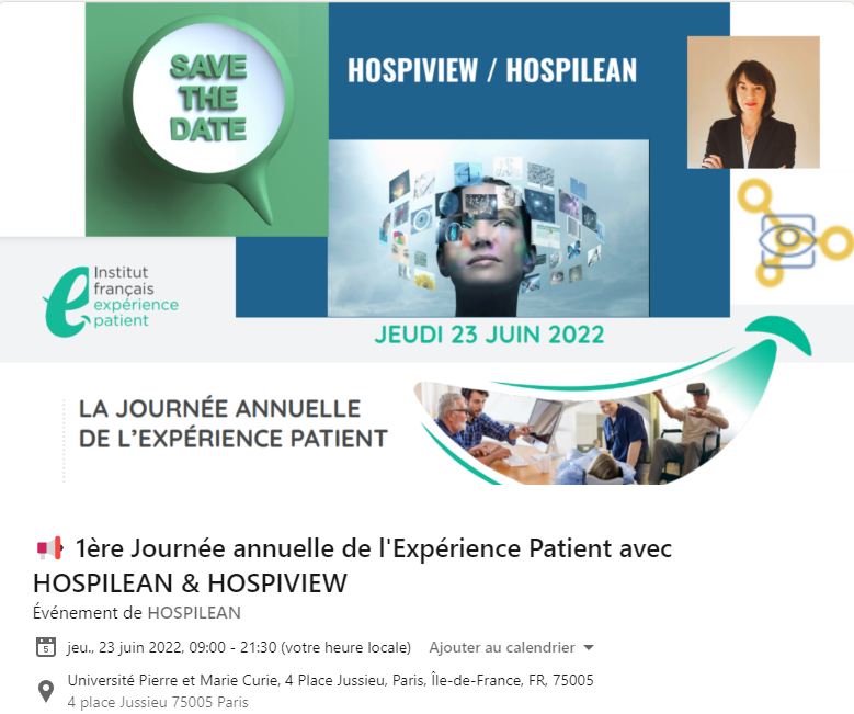 Telos_Sante's tweet photo. [23 JUIN 2022] 📢 🏥#HOSPILEAN &amp; #HOSPIVIEW fondées par Viviane ROUXEL sont Partenaires de la "1ère Journée Annuelle de l'Expérience patient" organisée par Institut français de l'expérience patient (IFEP) fondé par #AmahKOUEVI.

Souhaitez vous participer ?
https://t.co/EAFagdh2hs https://t.co/RaTQXLVxcO