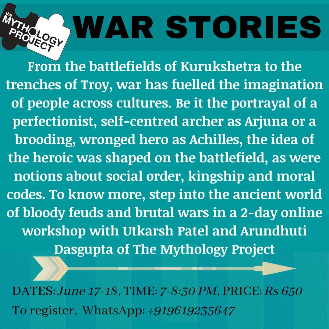 Announcing our next workshop:
War Stories.
To register, WhatsApp: 96192 35647
#war #battle #Battlefield #mythology #epic #epicbattle #EpicWar #Kurukshetra #Ragnarok #warstrategy #ramayana #mahabharat #shahnameh #iliad #Achilles #troy #trojanwar #TrojanHorse <a href="/utkarshmp/">Utkarsh Patel</a> <a href="/Aru_811/">Arundhuti Dasgupta</a>