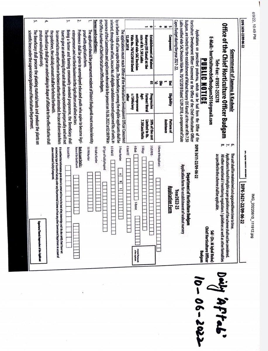 BudgamH's tweet photo. Public Notice
For establishing Walnut Nursery (5 Kanals) in the District 
@DC_Budgam @shahbazmirza9 @HortiKashmir @dicbudgam @AgriBudgam https://t.co/tswKgPgAoY