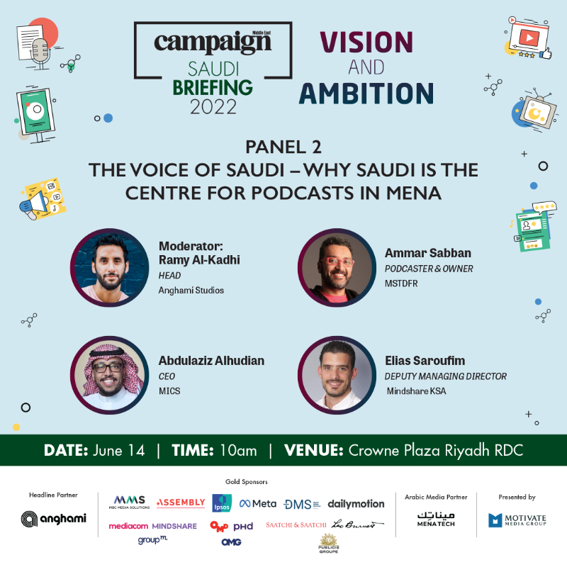 CampaignME's tweet photo. Podcasts are on the rise in the region. #CampaignSaudiBriefing's Panel 2 - The Voice of Saudi - why Saudi is the centre for podcasts in MENA. 
Speakers: 
Moderator: @Ramy_Alkadhi, @anghami Studios
@Sabban31, @mstdfr
Abdulaziz Alhudian, @MicsPod  
@esaroufim, @Mindshare_MENA - KSA