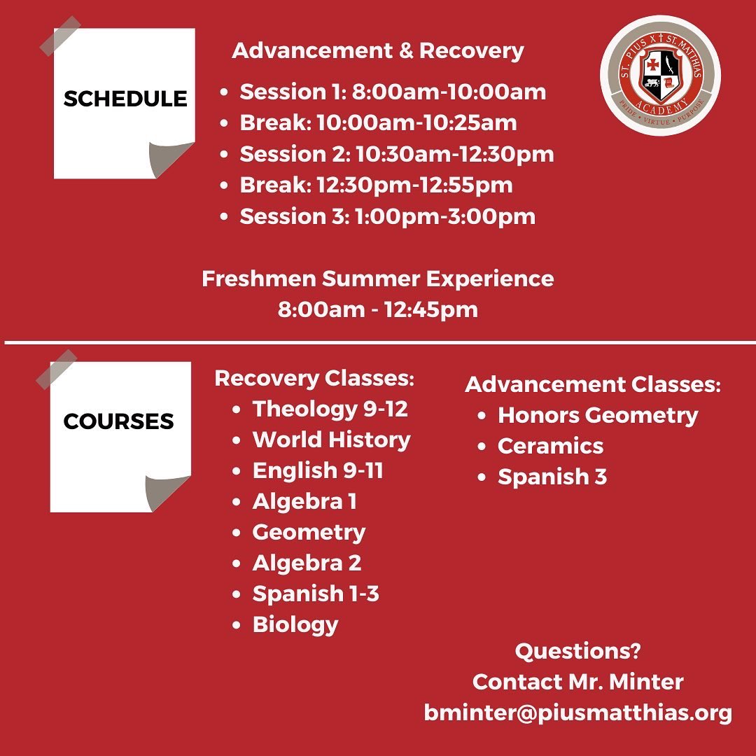 Happy Summer, Warriors! This is a reminder to register for our Summer School. We have both advancement and recovery courses available. For our incoming Freshmen, summer registration is already taken care of during enrollment.☀️😎📚 

Register here: piusmatthias.org/academics/summ…