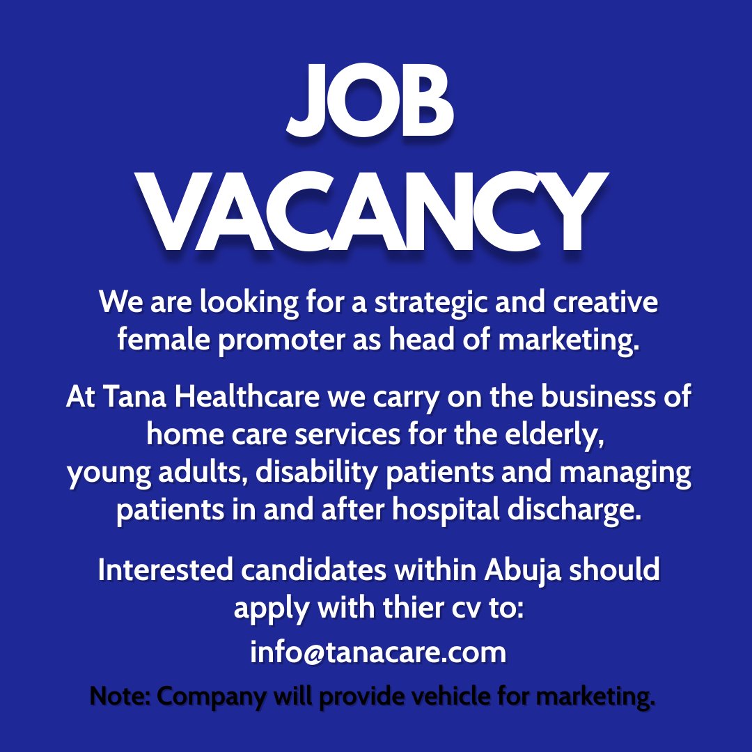 Join our team
#abujajobs #jobsinabuja #strategicmarketing #Femalemarketer #AbujaTwitterCommunity #AbujaCommunity #AbujaTwitterCommunity