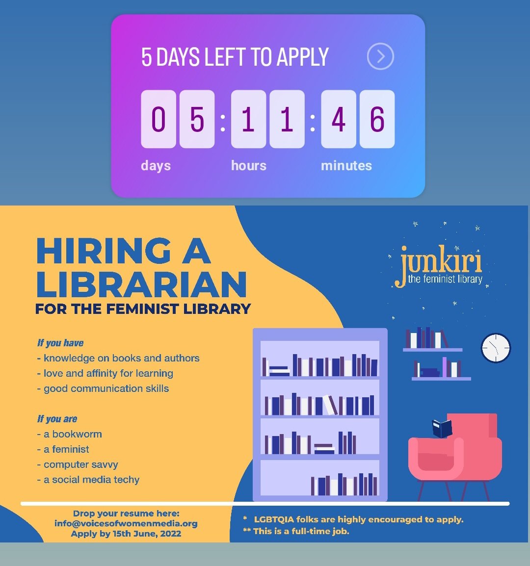 ONLY 5 DAYS LEFT TO APPLY
We are hiring a librarian for our Junkiri: the feminist library.

• LGBTQIA folks are highly encouraged to apply.

Drop your resume here 👇
info@voicesofwomenmedia.org
Apply by 15th June, 2022

#feministjobalert 
#jobvacancy
#librarians