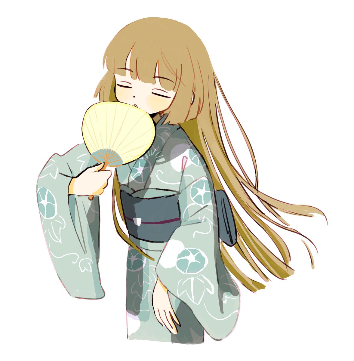1girl japanese clothes kimono solo long hair closed eyes hand fan  illustration images