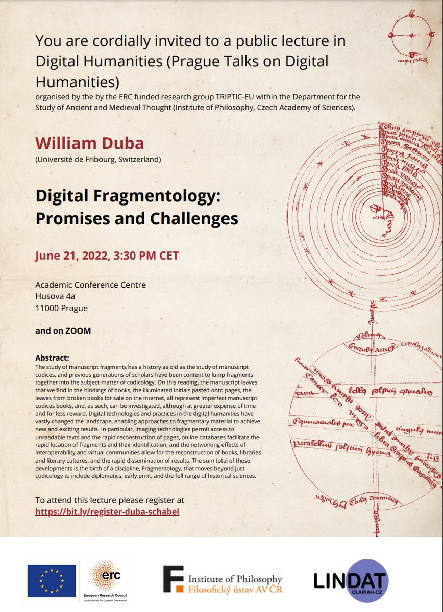 AcademiaErc's tweet image. Next in the series of Prague Talks on Digital Humanities is William Duba @FragmentariumMS with a paper on:

Digital Fragmentology: Promises and Challenges (21 June, 3:30pm)

The presentation will be hybrid, everyone is welcome!

Please register at bit.ly/register-duba-…