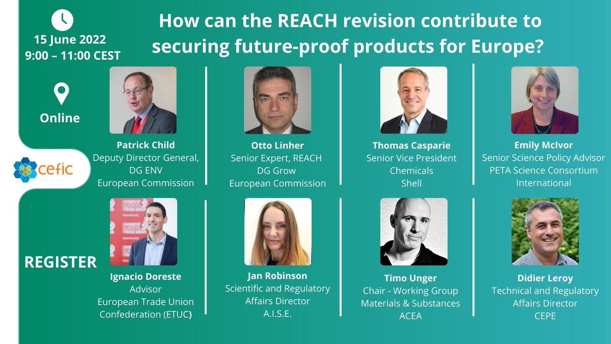 Cefic's tweet photo. It's a pivotal moment for EU chemicals management. 👉Join us on 15 June, 9:00 CEST to hear senior representatives’ views on how the #REACHRevision can be achieved in a targeted &amp; efficient way so that it tackles areas where improvement is needed most. #CSS https://t.co/cxd3pDobQE https://t.co/T23TYEWOW8