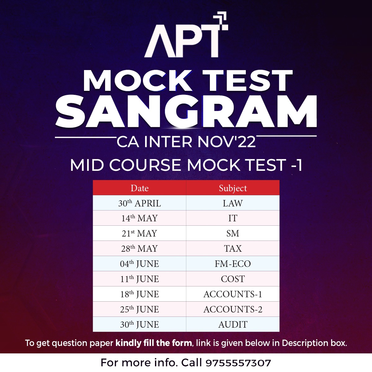 Aptclasses1's tweet image. Mock Test Sangram!!
CA Inter nov22 mid course mock test-1 - TIME TABLE

Mock test form link:- forms.gle/7xUoLjEWDEJJd6…
Call on 9755557307 for more details .

#cafoundationonlineclasses #cafreeclasses #cafoundationnotes#canotes #cafoundationeconomics #cafoundationmaths