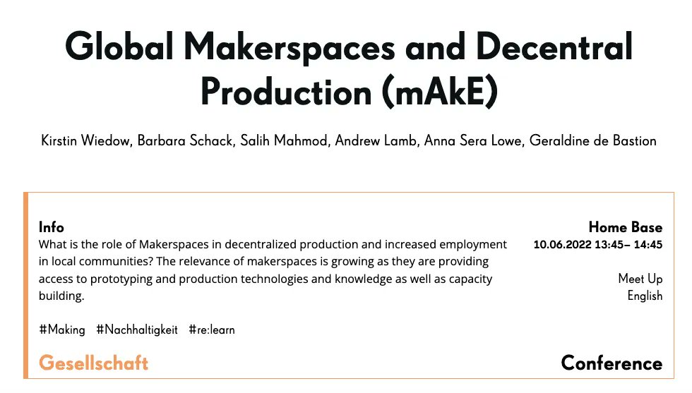 In 15 min at #rp22 Homebase; Global Makerspaces and Decentral Production (mAkE) w/ Kirstin Wiedow, <a href="/schackb/">Barbara Schack</a>, <a href="/salihmahmod1/">salih.mahmod</a> <a href="/AndrewLamb/">andrewlamb</a>, <a href="/annawillcreate/">Anna Sera Lowe</a> <a href="/Geralbine/">Geraldine@mastodon.social</a>  re-publica.com/de/session/glo… #DistributedDesignPlatform #CreativeEurope #wearegig #rp22 <a href="/ddesignplatform/">Distributed Design</a> <a href="/republica/">re:publica</a>