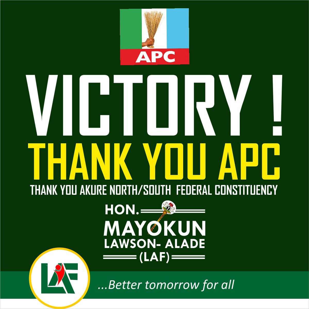 OluseyeAbimbola's tweet photo. Thank you @OfficialAPCNg Thank you @OndoAPC Thank you @RotimiAkeredolu Thank you Akure North/South Federal Constituency. We crave for more wins come 2023 at the poll. Thank you for your support. #DevelopwithLAF #APCSpecialConvention https://t.co/jI7sLKD32P https://t.co/xHp3Evz446
