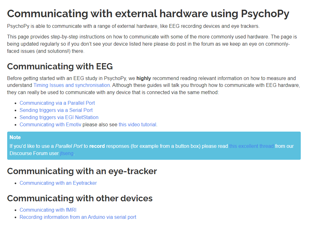 psychopy's tweet photo. We've updated our docs to include info on how to connect to a range of hardware.

Thanks @PsychologyKim !!

https://t.co/nx5dYzhVOl 

🧠 #EEG (serial/parallel ports)

👀 #Eyetracking devices

🧠 #fMRI (emulated key presses +other)

💓 #Arduino boards (example for GSR/heart rate) https://t.co/lL9dEhSeGc