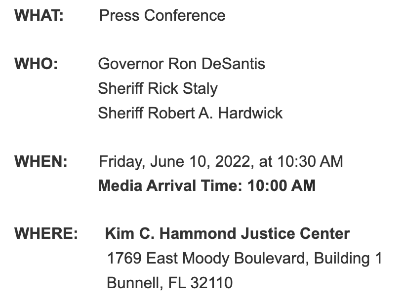 JimRosicaFL's tweet photo. Inbox: @GovRonDeSantis to Hold Press Conference in Flagler County https://t.co/ChSncfm9jD