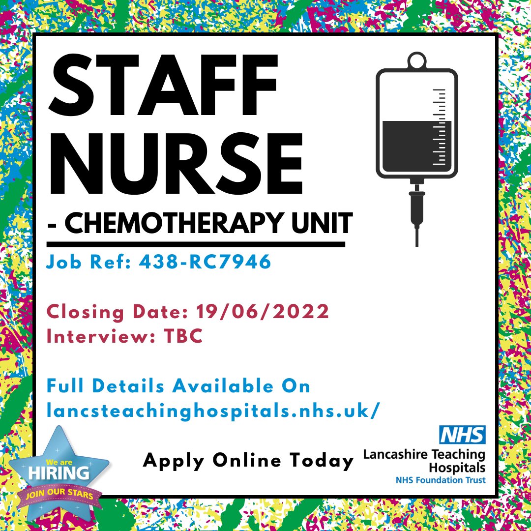 Job Vacancy: Staff Nurse - #Chemotherapy Unit <a href="/LancsHospitals/">Chorley & Royal Preston</a>

Interested? Discover more here: bit.ly/3NEaFwO

⏰ Closes: 19/06/22

#NHS #NHSjobs #Lancashire #LancashireJobs #Chemo #cancer #Oncology #StaffNurse #Band5 #Nurse <a href="/RBiltcliffe/">Rebecca Biltcliffe</a> <a href="/RosemereCF/">Rosemere Cancer Foundation</a> <a href="/sarahmo1985/">Sarah Mohun</a>