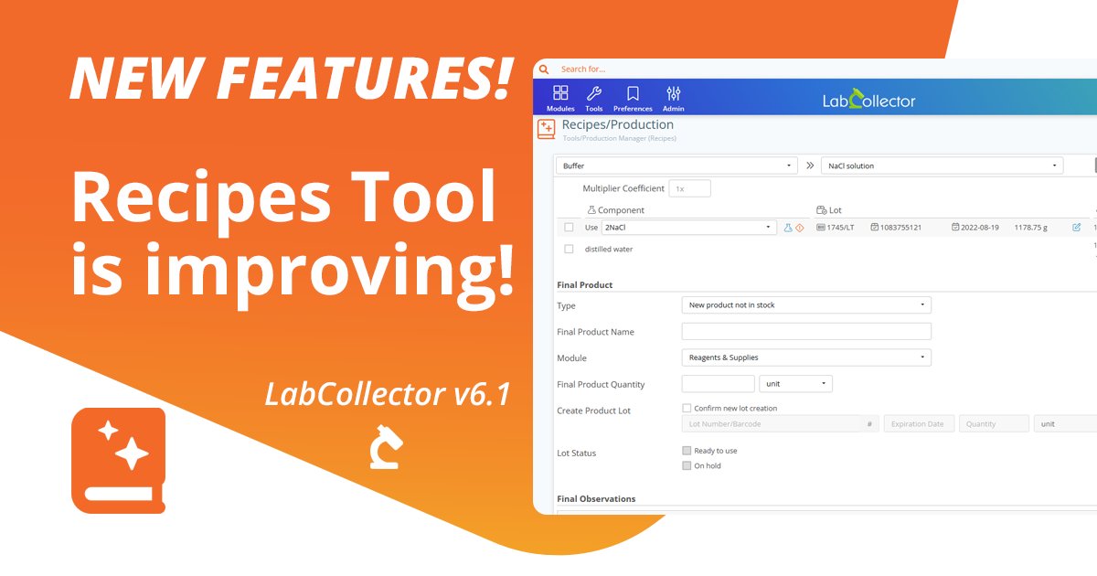 agilebio's tweet image. [LABCOLLECTOR FEATURES]
With the new #LabCollector 6.1 version, the #Recipes tool has been improved:
Add alternative components. Add a quantity tolerance. Apply a multiplier to your quantities. Add a custom (basic) step with a generic quantity
Read more: buff.ly/3ttGkZR