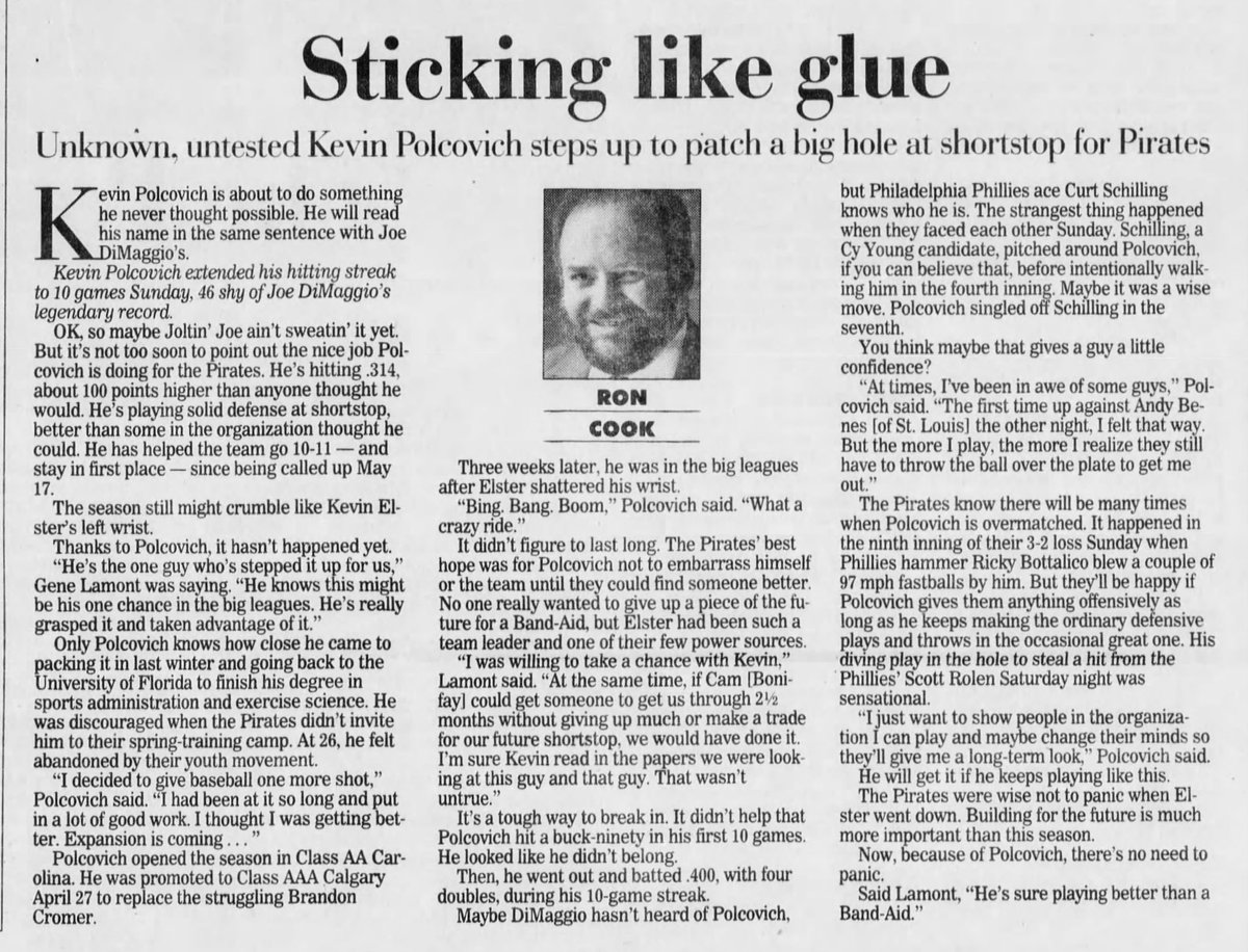 6/10/97 #Pittsburgh PG on #Pirates SS Kevin Polcovich, in the midst of a 10-game hit streak: 

Lamont: "He's the one guy who's stepped it up for us. He knows this might be his one chance in the big leagues. He's really grasped it &amp; taken advantage of it." 

#LetsGoBucs
