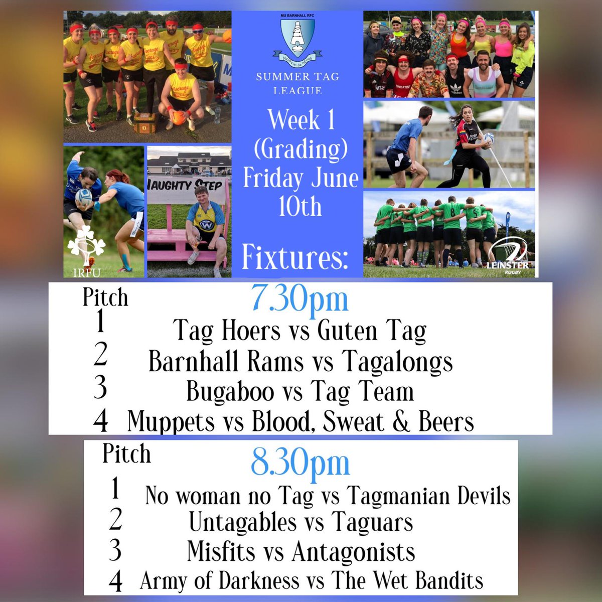 Let the games commence! Tag starts this evening MU Barnhall Rfc!We still have some places so if you want to give it a try come on up to the club 🏉 Open to all over 16, no experience required. Great craic 🤣, BBQ 🔥 Bar Open 🍹🥂🍻
