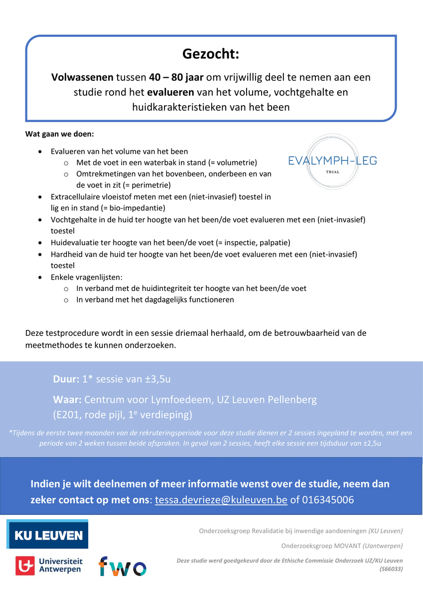 Wil jij je 'beetje' bijdragen aan de optimalisatie van meetmethoden bij patiënten met #lymfoedeem?
En voldoe je aan onderstaande kenmerken?
Neem dan contact op met de onderzoekers.
<a href="/TessaDeVrieze/">Tessa De Vrieze</a>