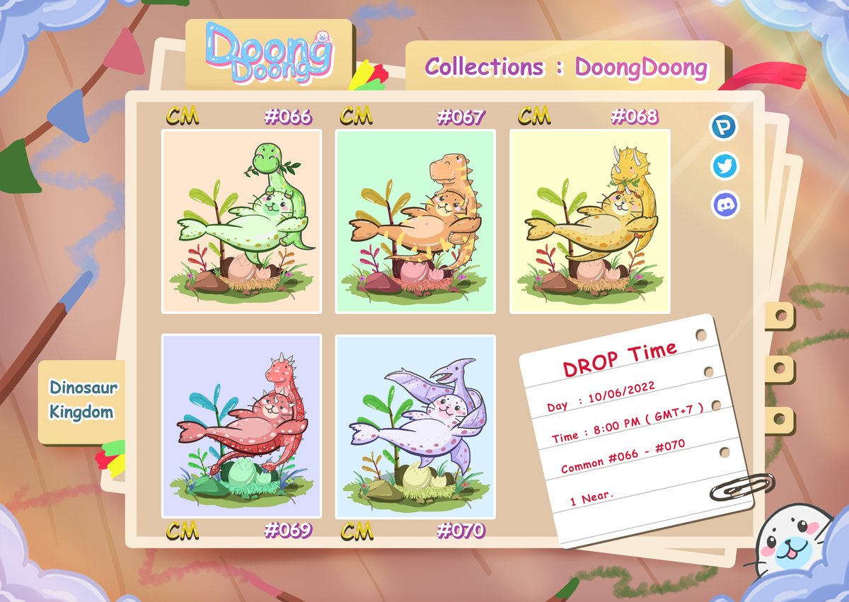 📢  hello everyone Today, there is a drop of a seal.
✨ set. Doong Dinosaur Kingdom

📅  Day :  10/06/2022
⏰  Time : Time : 8:00 pm (gmt+7)

- Common #066 -#070
- 1 Near
👉paras.id/collection/doo…
👉discord.gg/YptWcx4GfT

#NFT #PARASnft  #NFTCommunity