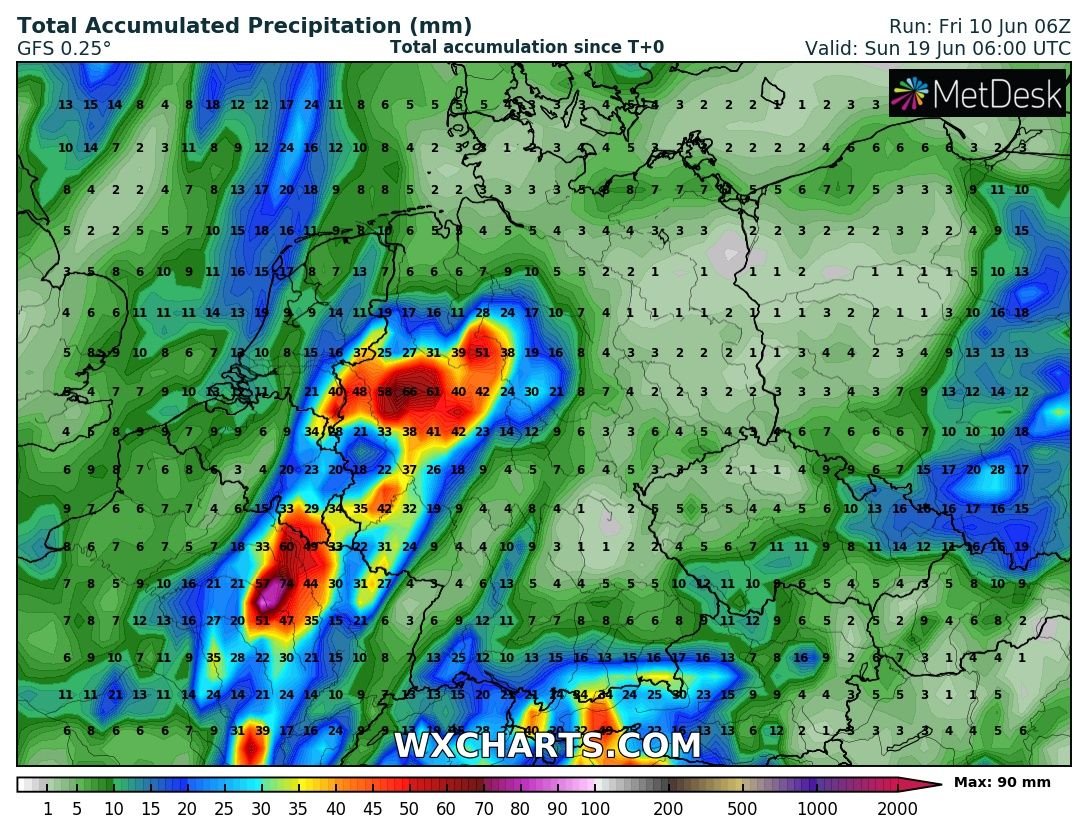 #Sommer
GFS 06z rechnet die #Hitze Ende nächster Woche noch etwas nördlicher, gleichzeitig wird durch ein Tief über GB labile Hebung bewirkt, wodurch Mesotiefs/Konvergenzen entstehen. Von BeNeLux bis West-#Deutschland wird riesiger #Gewitter-/#Unwetter-Komplex MCS/MCC gerechnet!