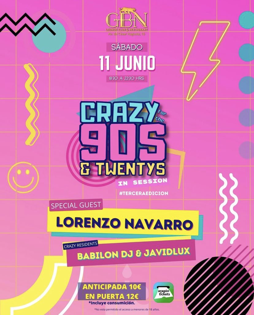 Mañana sábado 11 de junio os espero en Gabana Club &amp; Dinner a partir de las 18:30h en la fiesta Crazy 90s &amp; 2000s! Estaremos Javi Dlux, Babilon Dj y un servidor poniendo temazos de finales de los 90 y principios de los 2000 😋