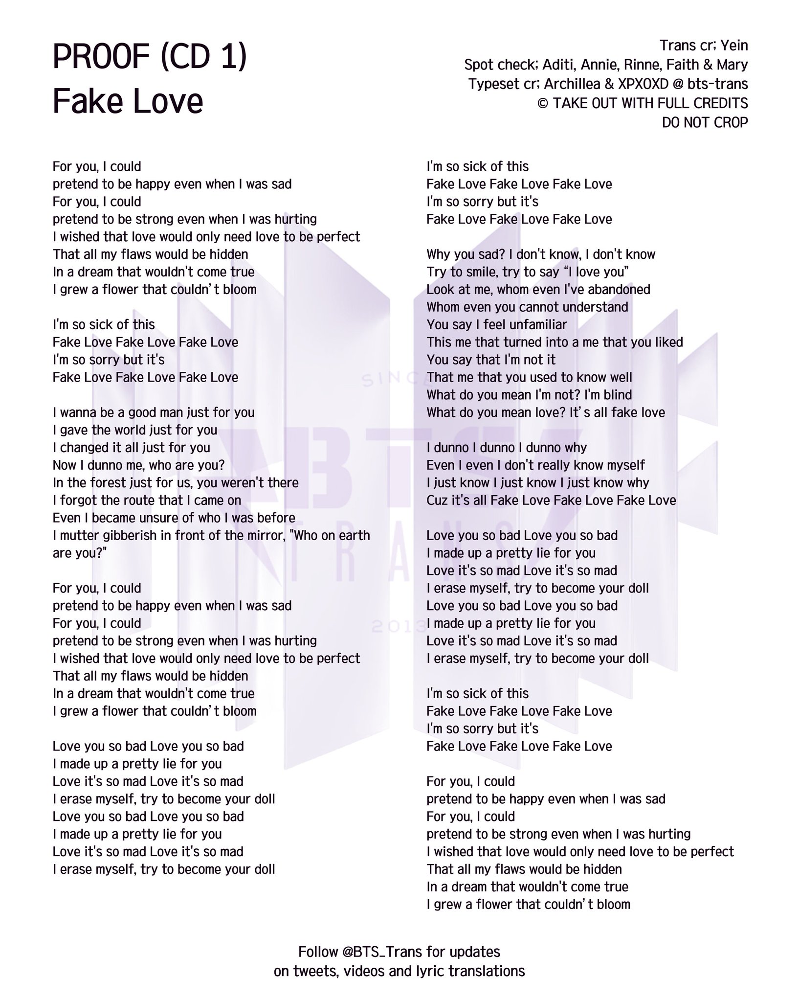 BTS Translations / Bangtansubs on Twitter "[KOR/ENG LYRICS] FAKE LOVE