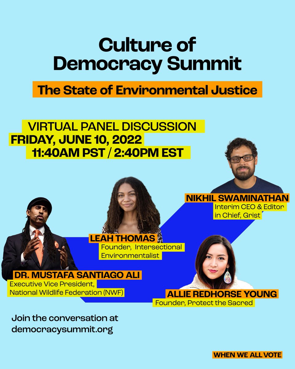 TODAY at 11:40am PST/2:40pm EST at #CultureOfDemocracy, hear from @sw4mi, @EJinAction, @Leahtommi, and @allieyoung13 on how environmental justice disproportionately impacts communities of color and more. 

Watch live: bit.ly/396Sy3Q