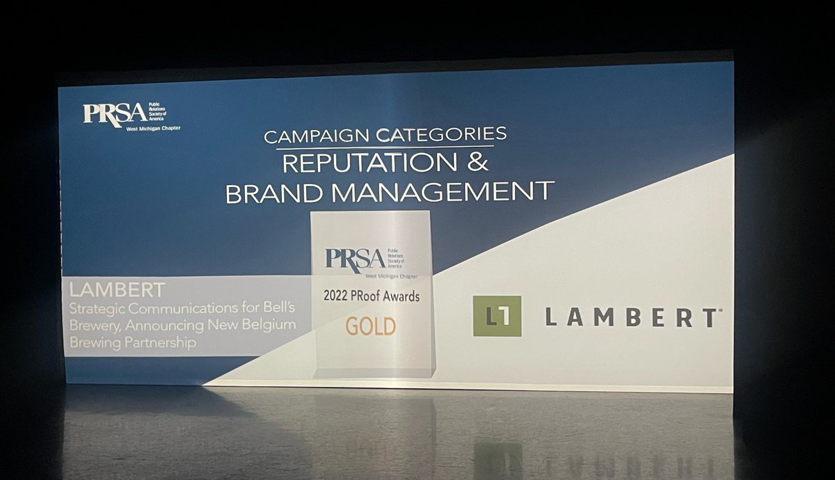 LLYC_US's tweet photo. Way to go Team Lambert! Bringing home the Gold at this year's #PRoof22 awards for our strategic communications campaign for @BellsBrewery announcing the New Belgium Brewing partnership. #LambertWins #PublicRelations https://t.co/YaeuMWS8Tb