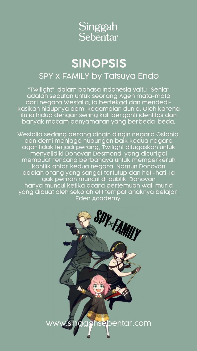 yoksinggah's tweet photo. Sekilas hari ini kita bahas tentang Spy x Family yang belakangan ini jadi bahan pembicaraan karena pada april lalu telah diadaptasi versi animenya.

#AnyaForger #wakuwaku https://t.co/LZFxhF8kRh