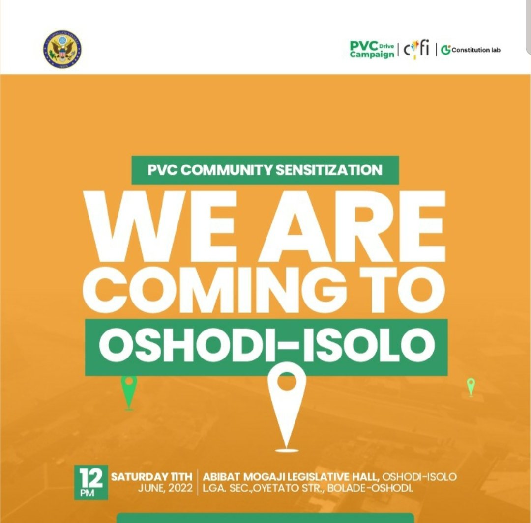 CYFIfellows's tweet photo. The #PVC4Her campaign is coming to Oshodi-Isolo

If you live in oshodi and you want to start or continue your PVC journey.

Join us tomorrow at Abibat mogaji legislative hall, oshodi-isolo, oyetayo street, bolade-oshodi by 12pm. 

Free registration and data update.

@USinNigeria https://t.co/EoEGC6nvuD