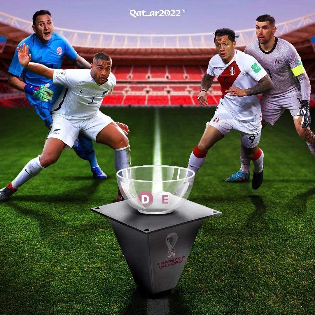 ¡QUÉ NERVIOS! 🇵🇪🇦🇺🇨🇷🇳🇿

La cuenta de Camino a Qatar 🇶🇦 publicó esta imagen en referencia a los dos boletos que quedan por definir🏆

📌Costa Rica, Nueva Zelanda, Perú y Australia, luchan para entrar a los grupos D y E.

🇵🇪🆚🇦🇺 (13/6)
🇨🇷🆚🇳🇿 (14/6)