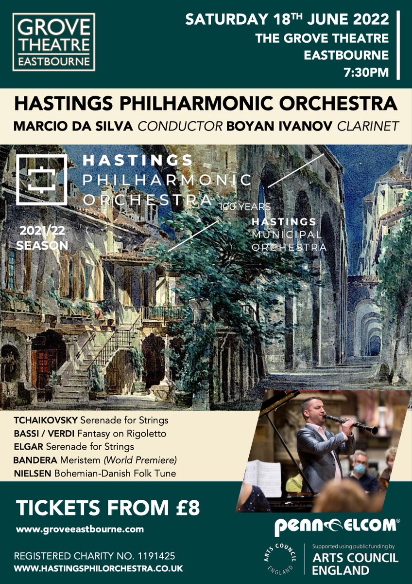 HastingsPhil's tweet image. SATURDAY 18th JUNE 2022
7:30pm | @TheatreGrove | #Eastbourne

Hastings Philharmonic Orchestra
Marcio da Silva, Conductor
Boyan Ivanov, Clarinet

🎟️ Tickets from £8!

➡️ grovetheatre.onlineticketseller.com/events/18969
