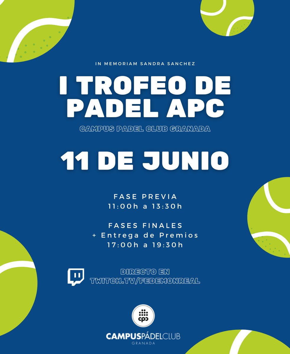 🚨 🚨🚨 Este sábado 11 de Junio, vive el I Trofeo de Padel APC 🏆- in memoriam Sandra Sánchez EN DIRECTO, con Fede Monreal y Baltasar Quesada, desde Campus Pádel Club Granada 📲 🟣 Entra en el siguiente enlace y RESPIRA pádel desde dentro 🟣 twitch.com/FedeMonreal