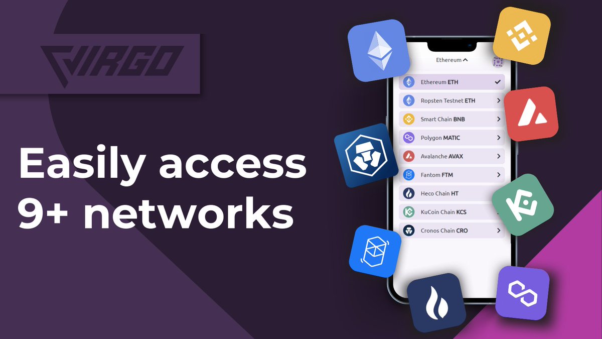 virgo_coin's tweet photo. Virgo Wallet will feature 9 networks at launch, with much more to come! Our aim is to eradicate the need for multiple wallet apps, by providing a simple gateway to every blockchain ⚡️

#Ethereum #ETH #Binance #BNB #Polygon #MATIC #Avalanche #AVAX #Fantom #FTM #Heco #Cronos #CRO https://t.co/yvEZFE7ZQe