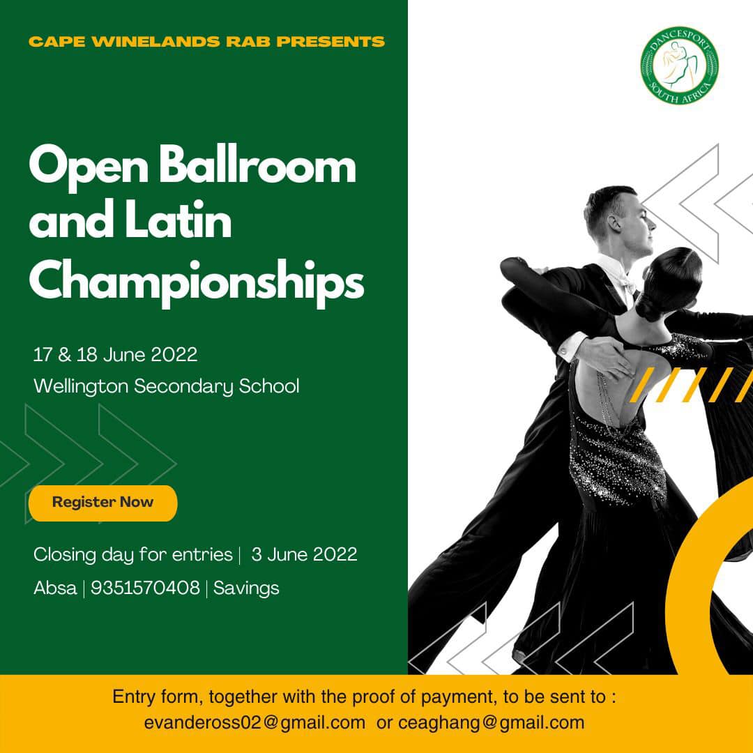 DanceInSportSA's tweet photo. Cape Winelands RAB presents Open Ballroom &amp; Latin Championships.
Entries Closing Date: 3 June 2022
Event Date: 17 &amp; 18 June 2022
Venue: Wellington Secondary School, WC.

#DanceSportSA 
#WesternCape #Dance 
#Latin #OpenBallroom https://t.co/RvVicuEg0I