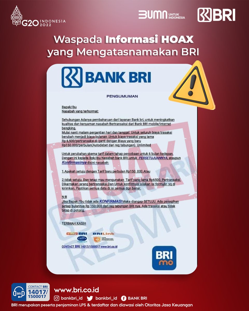 kontakBRI's tweet photo. Sobat BRI. Hati-hati terhadap informasi palsu (HOAX) yang mengatasnamakan BRI, jangan klik Link yang dikirimkan oleh akun palsu. Akun resmi BRI hanya yang bercentang biru (Verified). Selalu jaga kerahasiaan data pribadi untuk terhindar dari kejahatan perbankan.

#BRIEdukasi https://t.co/i0RbYwCC0P