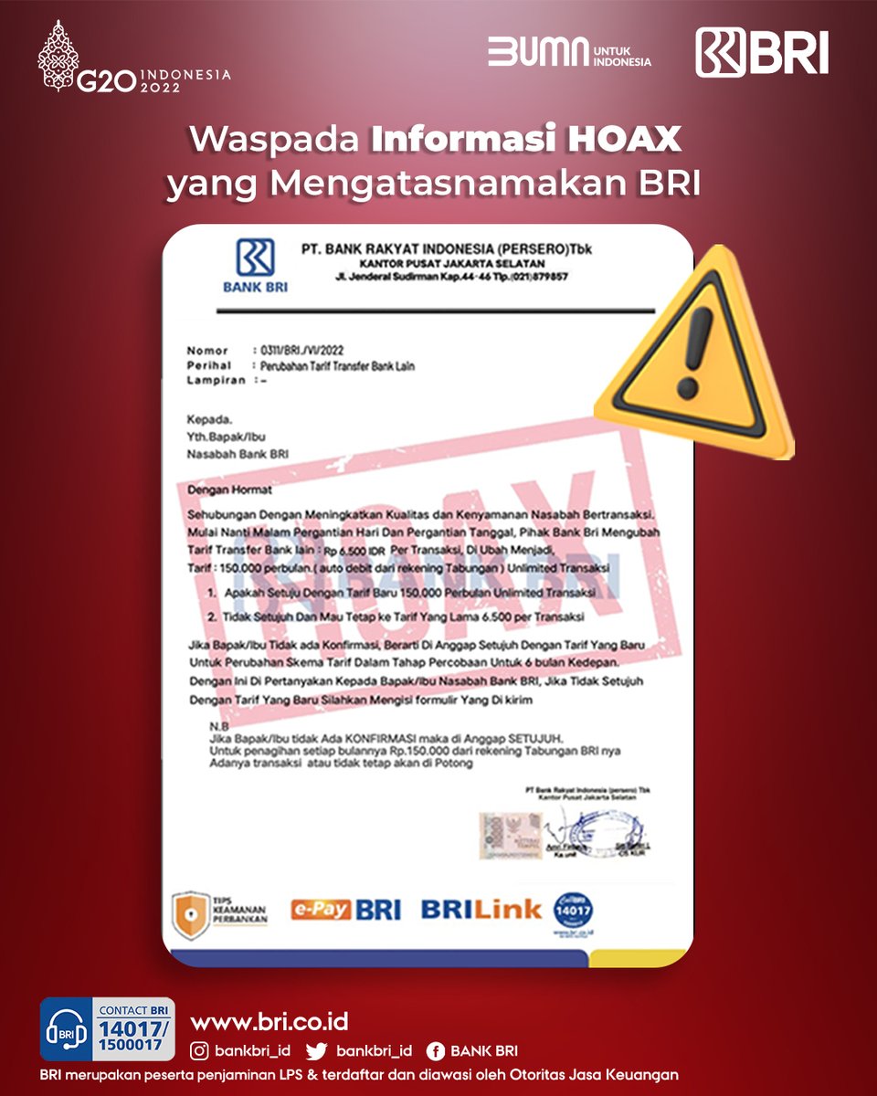 kontakBRI's tweet photo. Sobat BRI. Hati-hati terhadap informasi palsu (HOAX) yang mengatasnamakan BRI, jangan klik Link yang dikirimkan oleh akun palsu. Akun resmi BRI hanya yang bercentang biru (Verified). Selalu jaga kerahasiaan data pribadi untuk terhindar dari kejahatan perbankan.

#BRIEdukasi https://t.co/i0RbYwCC0P