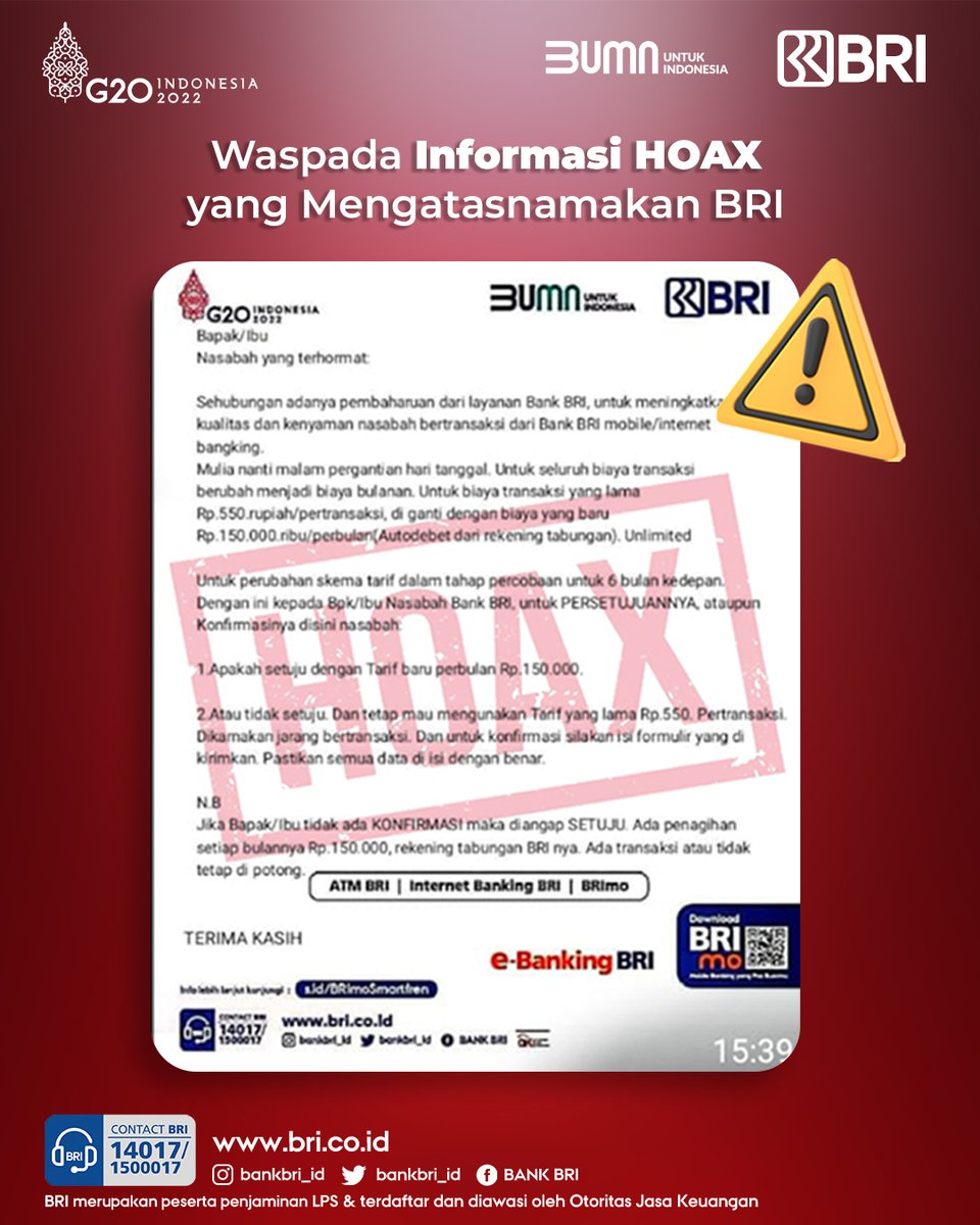 kontakBRI's tweet photo. Sobat BRI. Hati-hati terhadap informasi palsu (HOAX) yang mengatasnamakan BRI, jangan klik Link yang dikirimkan oleh akun palsu. Akun resmi BRI hanya yang bercentang biru (Verified). Selalu jaga kerahasiaan data pribadi untuk terhindar dari kejahatan perbankan.

#BRIEdukasi https://t.co/i0RbYwCC0P