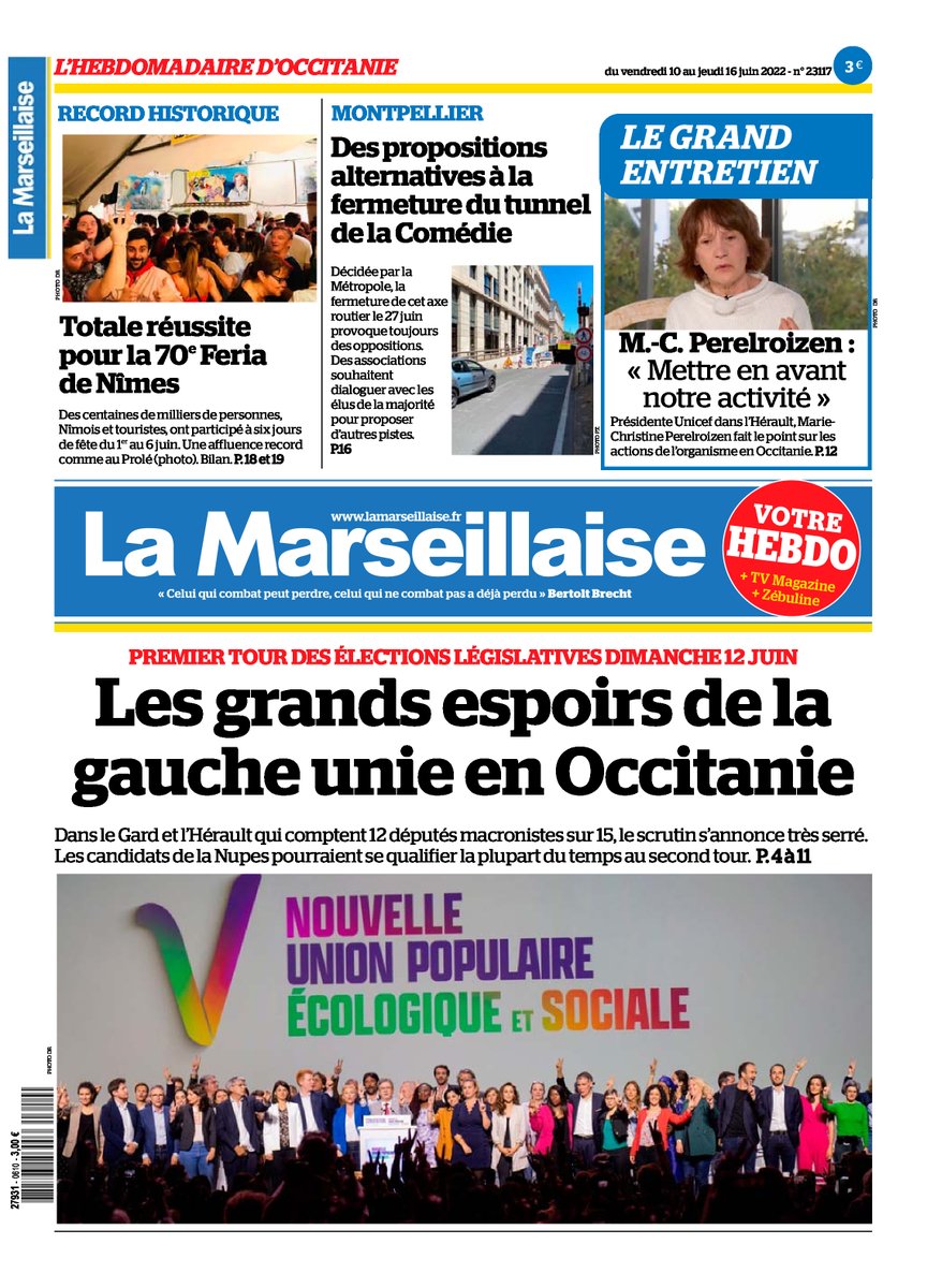 ⚠️ Nouvel hebdo <a href="/lamarsweb/">La Marseillaise</a> #Occitanie !

Au menu : un dossier sur les Législatives, des papiers sur la contestation contre le "Bac Blanquer", sur l'encadrement des loyers à #Montpellier, la saturation des hôpitaux, le Pacte pour l'Emploi, ...🔥

#Gard #Herault #Nupes #LREM #Nimes