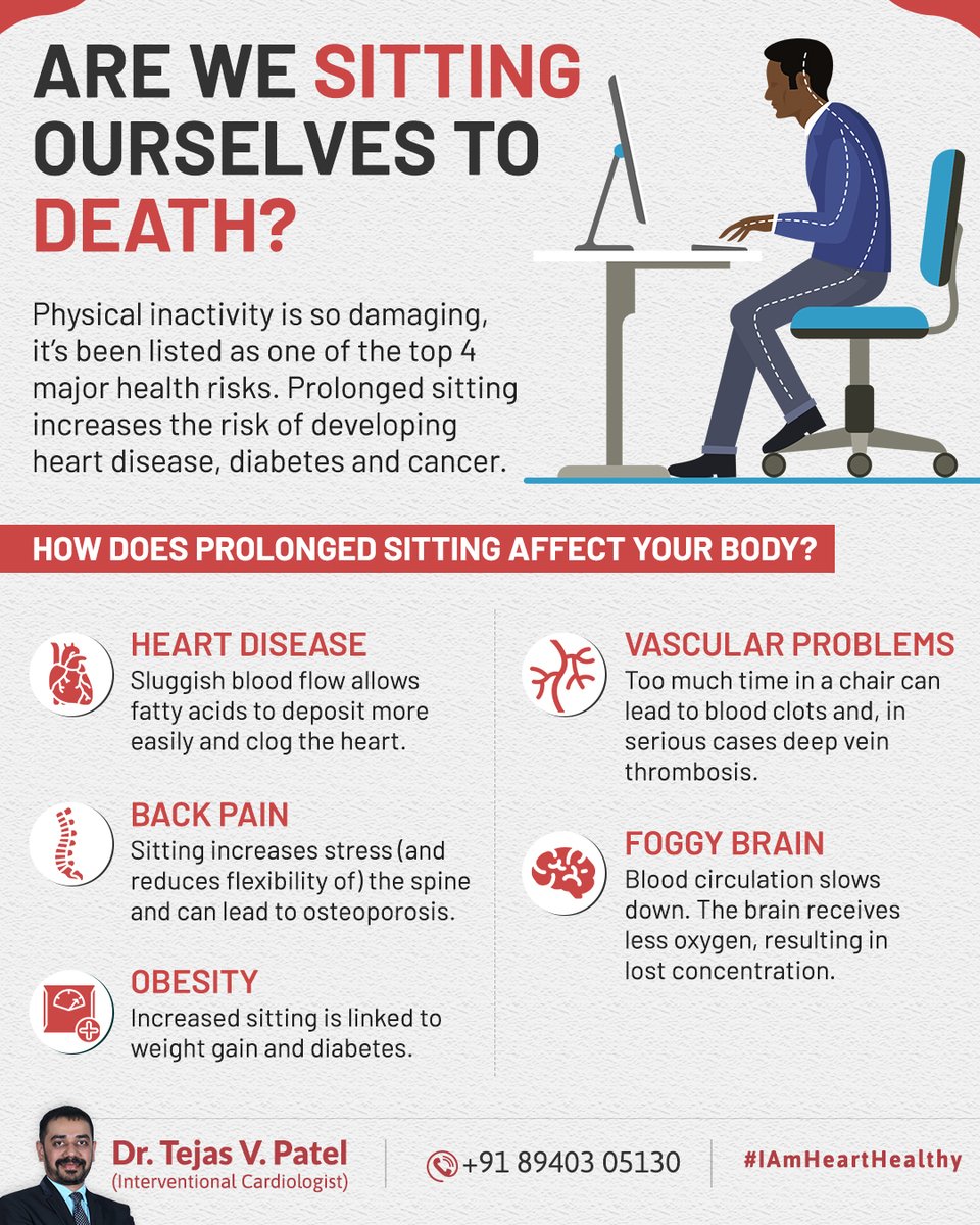 IAmHeartHealthy's tweet image. Sitting all day at the office? You might want to rethink that. Long hours in the chair are bad for your health. 

#ProlongedSitting #HeartDisease #HeartDiseaseAwareness #DrTejasPatel #Cardiologist #IAmHeartHealthy #HeartDoctor #CardiologistAhmedabad #Ahmedabad