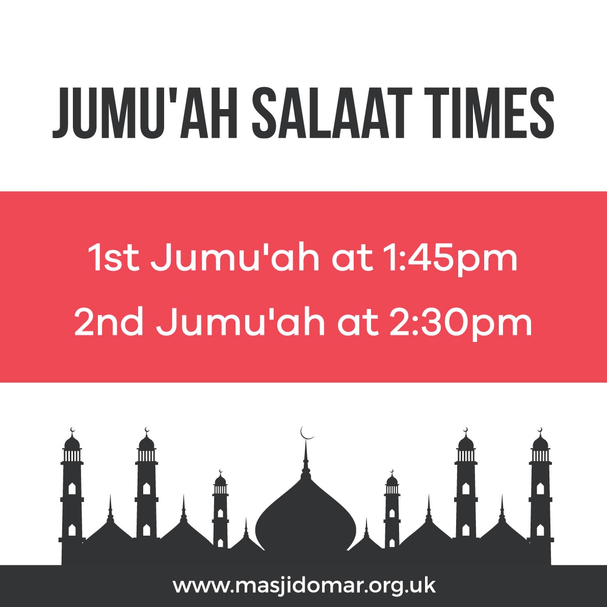 Jumu'ah Salaah Times.
masjidomar.org.uk #masjidomar #Huddersfield