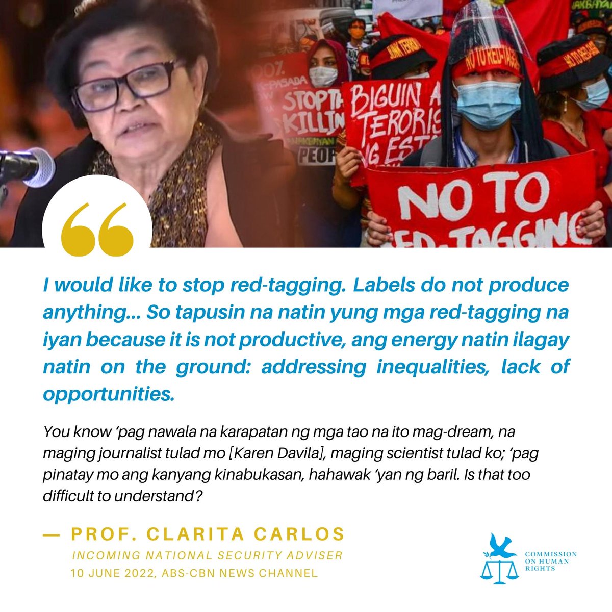 chrgovph's tweet photo. "Tapusin na natin 'yung mga red-tagging na iyan because it is not prodctive, ang energy natin ilagay natin on the ground: addressing inequalities, lack of opportunities." - Prof. Clarita Carlos, Incoming Nat'l Security Adviser #CHRDignityofall #HRQuote https://t.co/tmvc3feBjw
