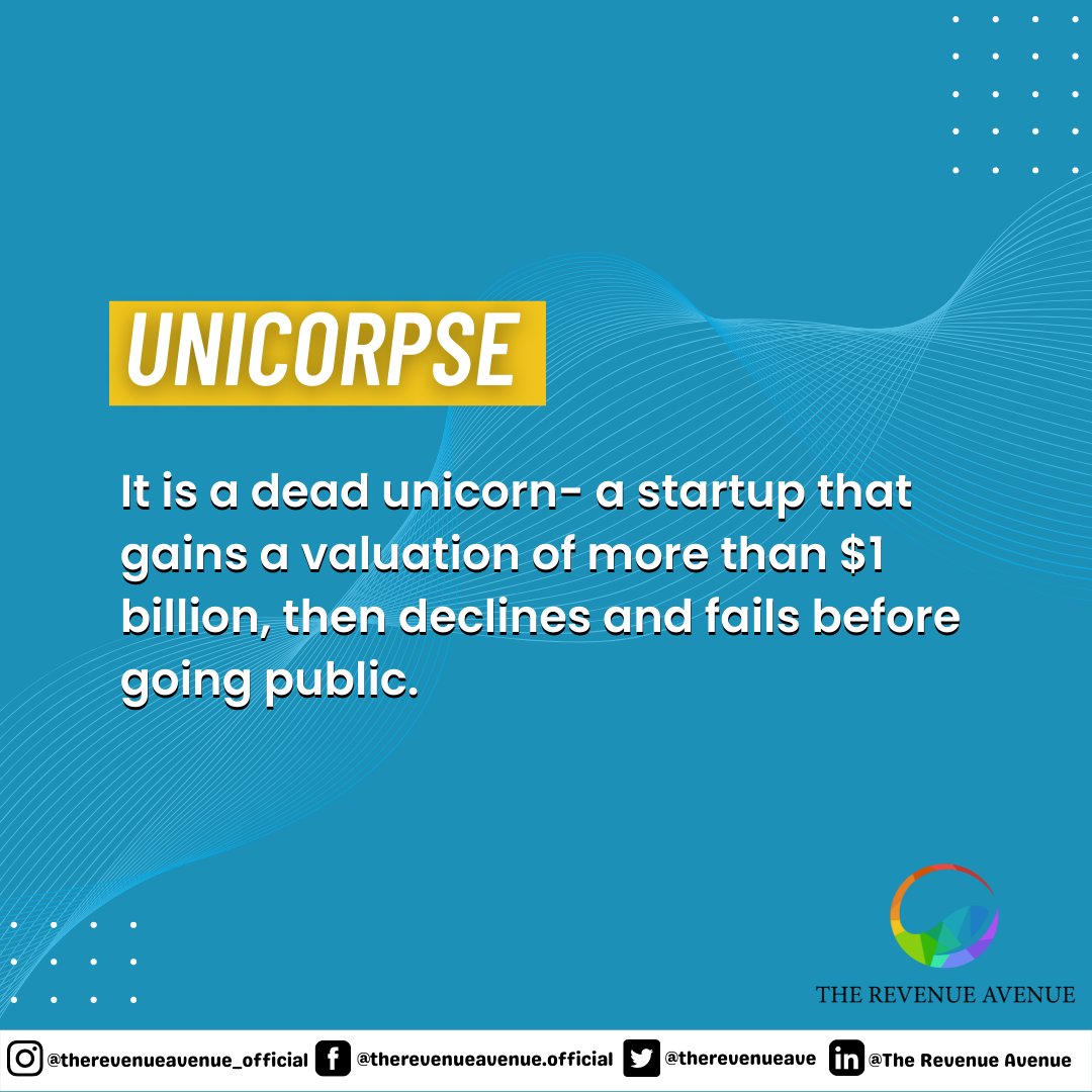 RevenueAvenue_'s tweet photo. A "unicorpse" is a company that achieves a valuation of more than $1 billion before declining and failing before going public.
Although it hasn't happened yet, some believe Evernote will be the first "unicorpse."
#TheRevenueAvenue #TRA #UniCorpse #StartupLingo #Startup #Lingo https://t.co/rqaYkGYUAp