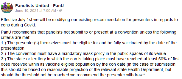 PanelistsUnited's tweet photo. PanU has not modified its recommendations for presenters at this time. Note that 17 states and the U.S. Virgin Islands currently fail to meet #3 and consequently we do not recommend presenting at cons in those locales regardless of safety measures. https://t.co/EeJ0XjZ1UL