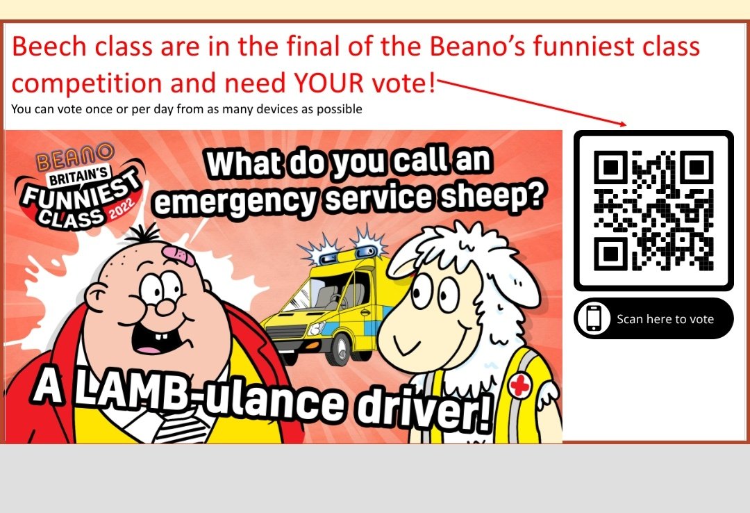 <a href="/wrpsinfo/">William Ransom Sch</a> @Year4Wr HELP!!  No matter how hard we try we're still a way off on the leaderboard. If people could vote for Beano's Funniest Class of 2022 and select Beech Class, W.R. 🙏
Use as many devices as you can, share with friends/family/colleagues. beano.com/posts/britains…