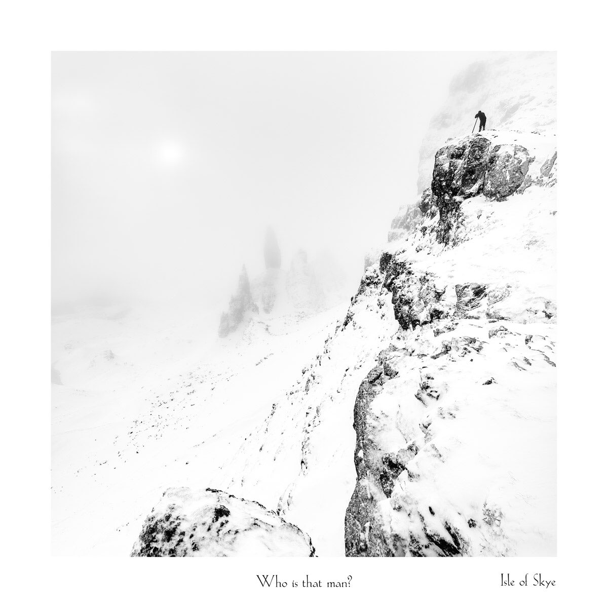 Old Man of Storr. 
What a morning ! We hiked up through the knee deep snow with the swirling mist and fog as we passed through the pinnacle and rocky outcrop. We got to the top and the weather really closed in but we waited it out for sunrise. I'll dig that out for tomorrow :)